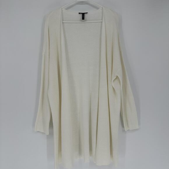 Eileen Fisher Cardigan Womens XL Ivory Open Front Linen Organic Cotton Rib Knit - Picture 1 of 7